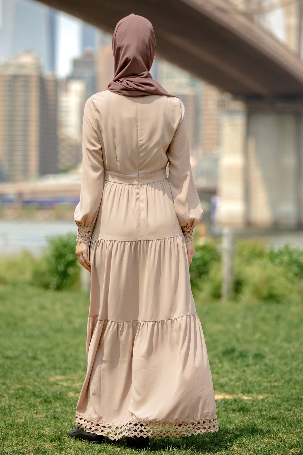 Urban Modesty - Taupe Lace Tiered Maxi Dress