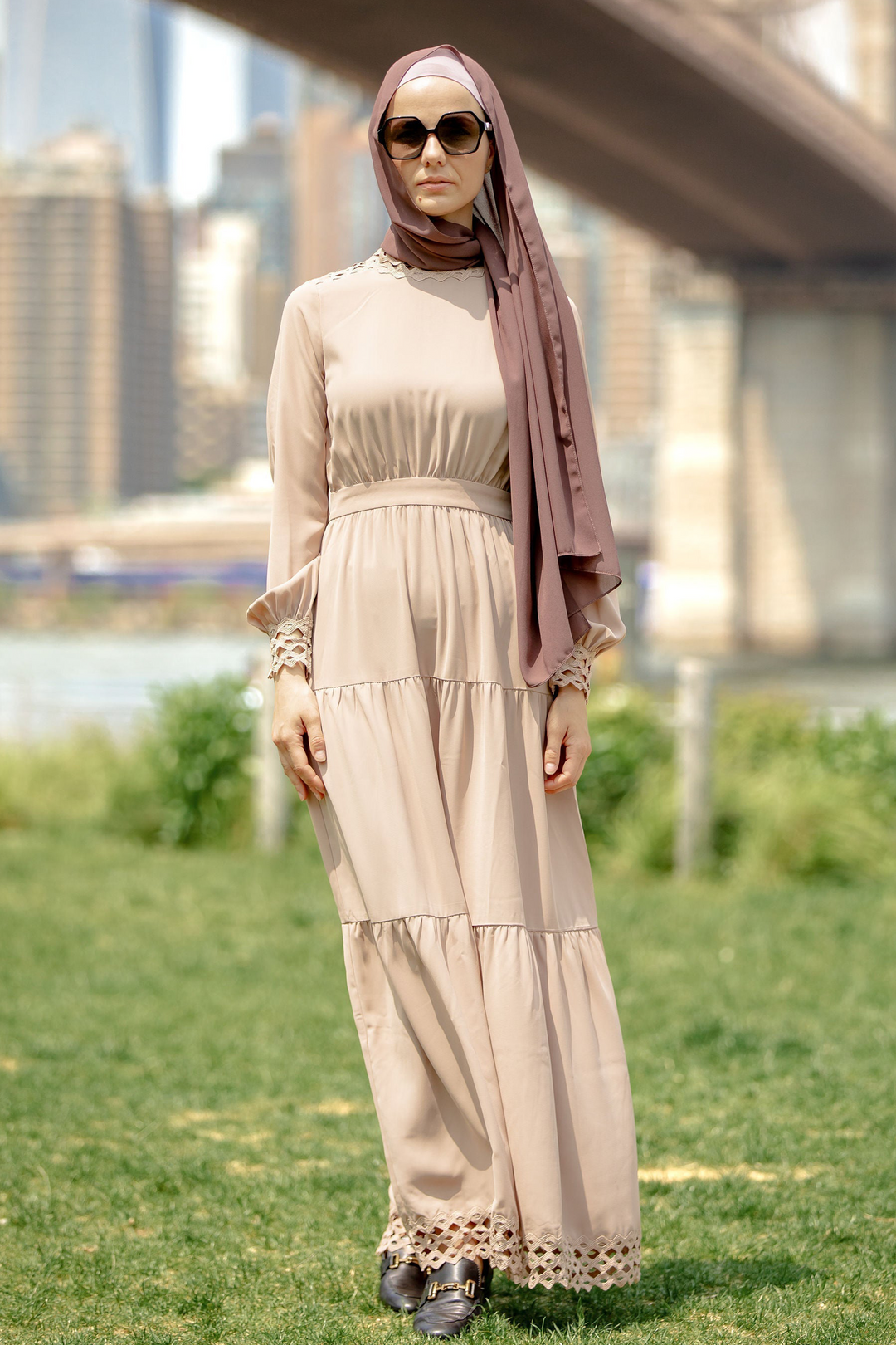 Urban Modesty - Taupe Lace Tiered Maxi Dress