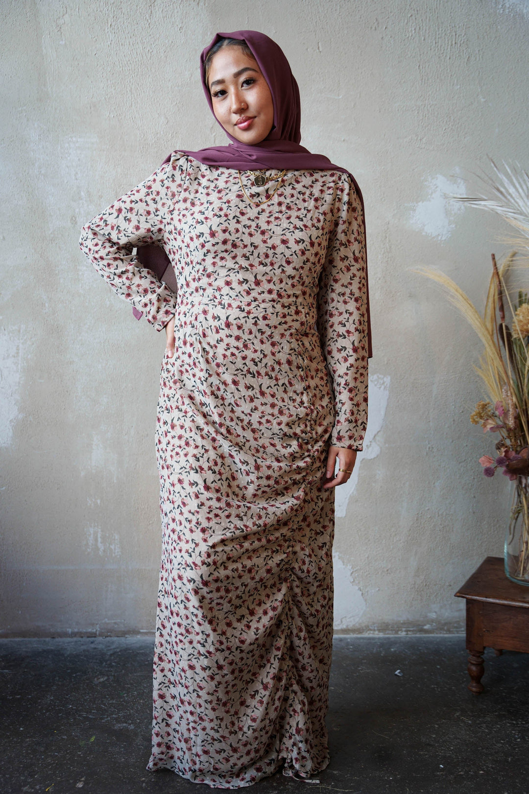Urban Modesty - Taupe Rose Ruched Floral Long Sleeve Maxi Dress