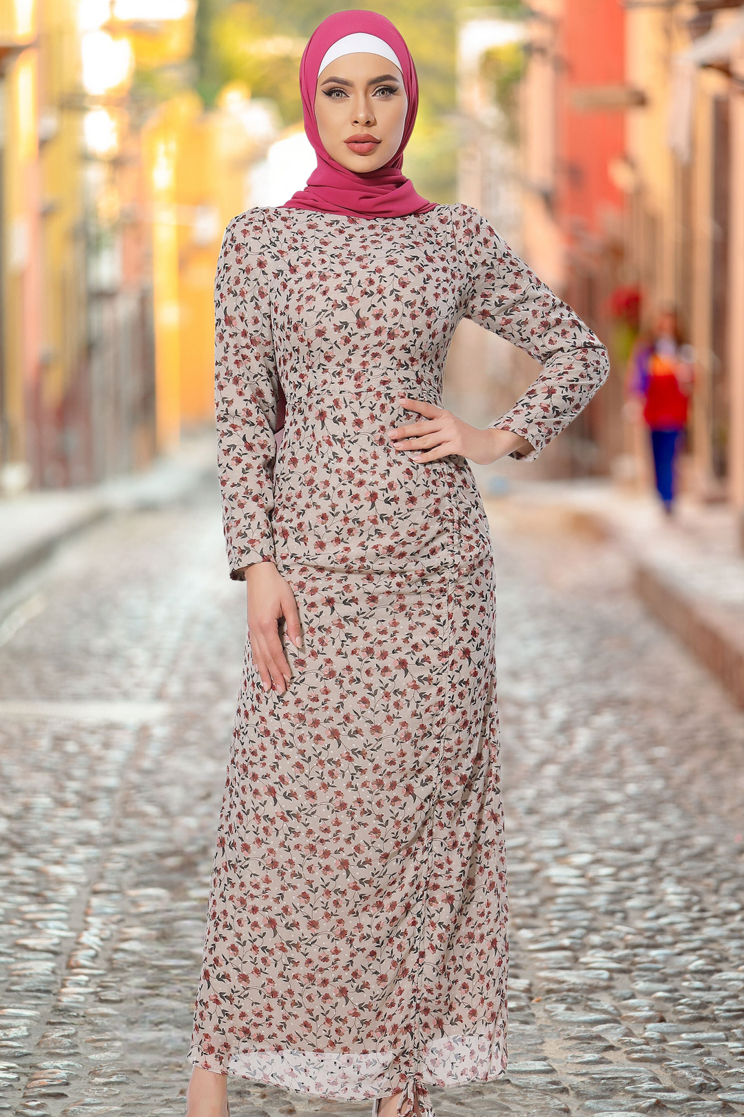 Urban Modesty - Taupe Rose Ruched Floral Long Sleeve Maxi Dress