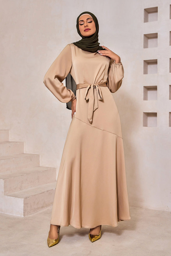 Urban Modesty - Taupe Satin Long Sleeve Maxi Dress-CLEARANCE