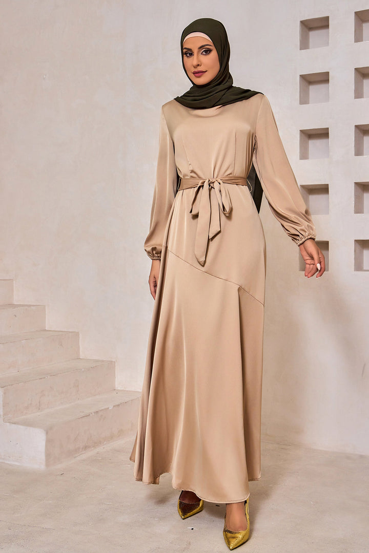 Urban Modesty - Taupe Satin Long Sleeve Maxi Dress-CLEARANCE