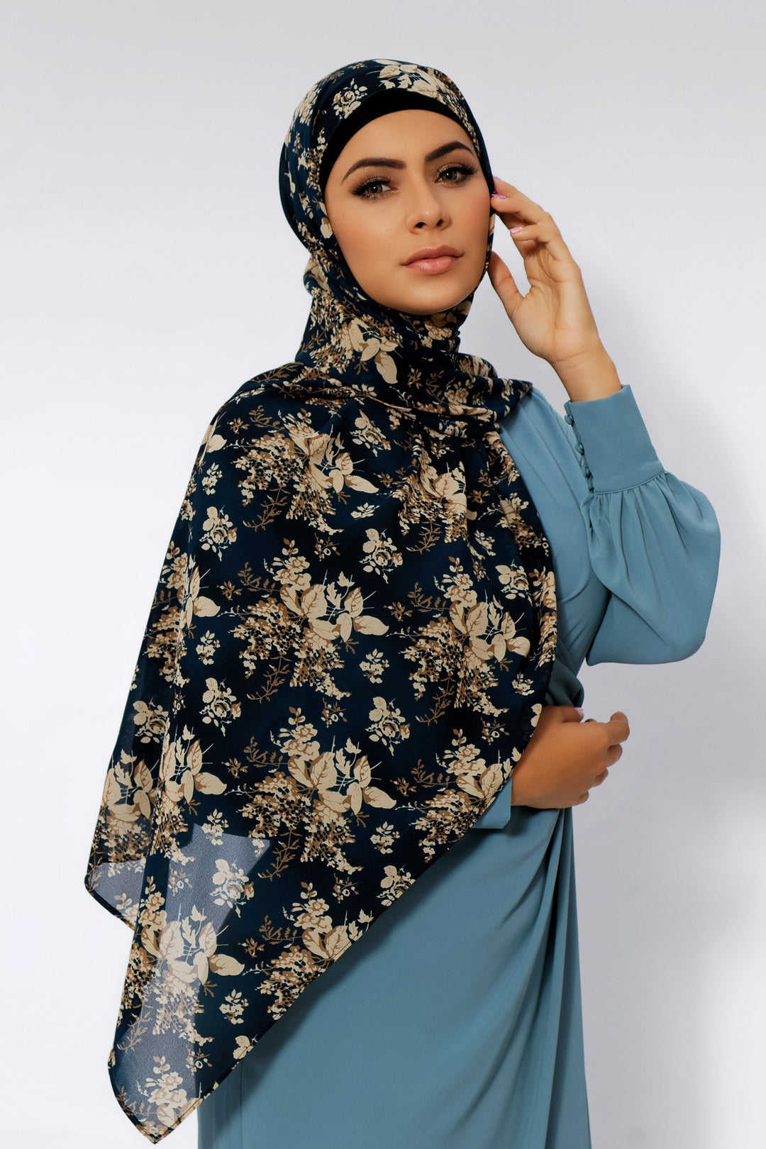 Urban Modesty - Teal and Beige Print Floral Chiffon Hijab