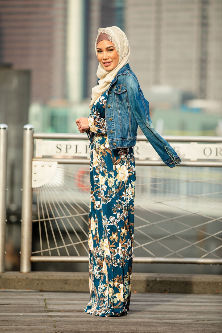 Urban Modesty - Teal and Cream Floral Drawstring Maxi Dress