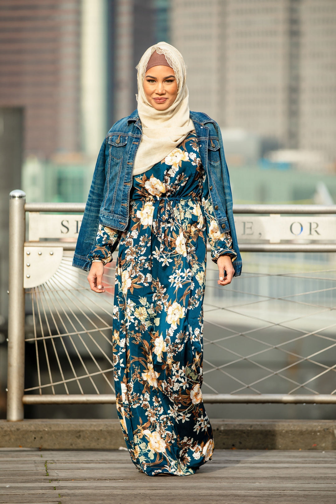 Urban Modesty - Teal and Cream Floral Drawstring Maxi Dress