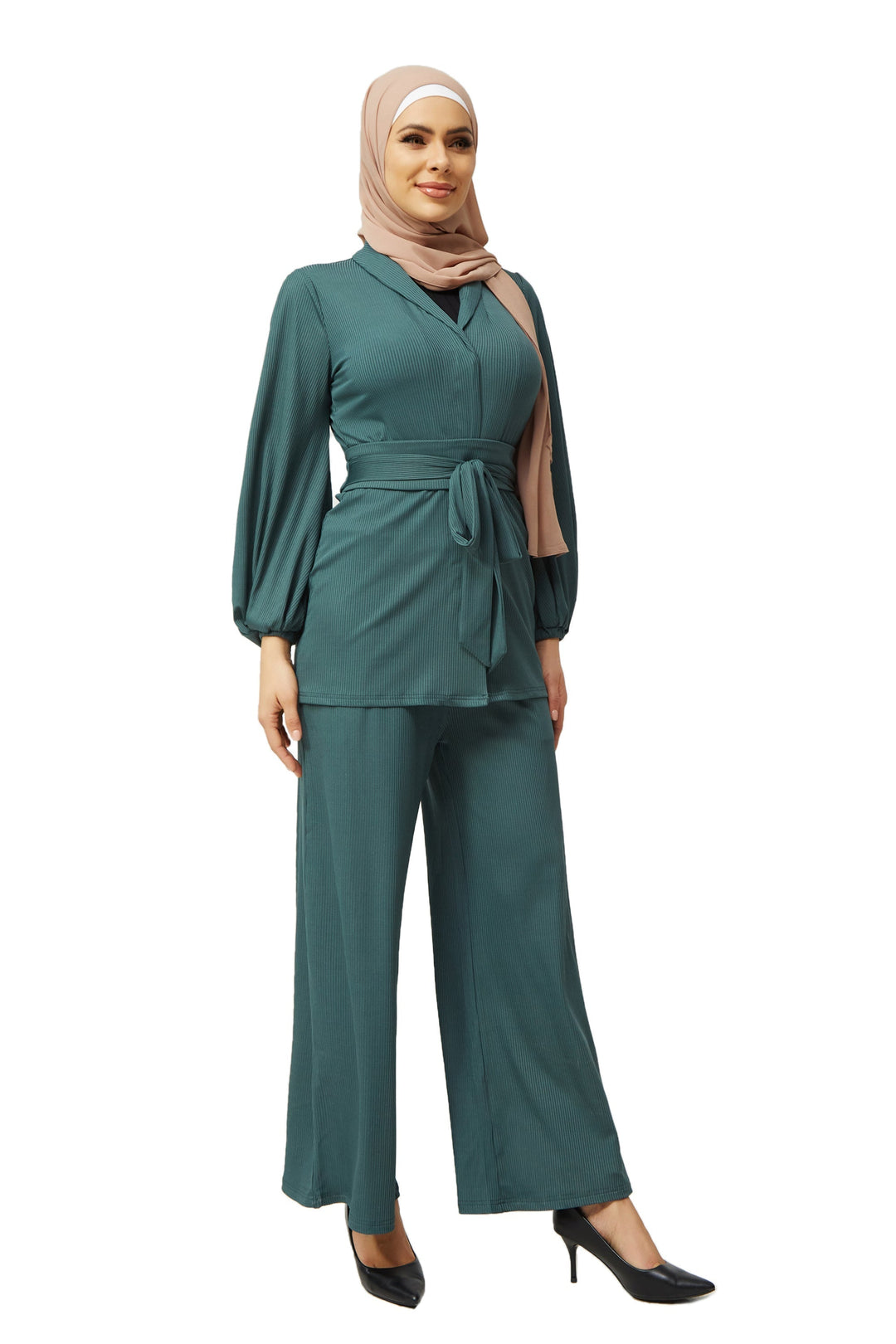 Urban Modesty - Teal Belted Ribbed Tunic & Pants Set