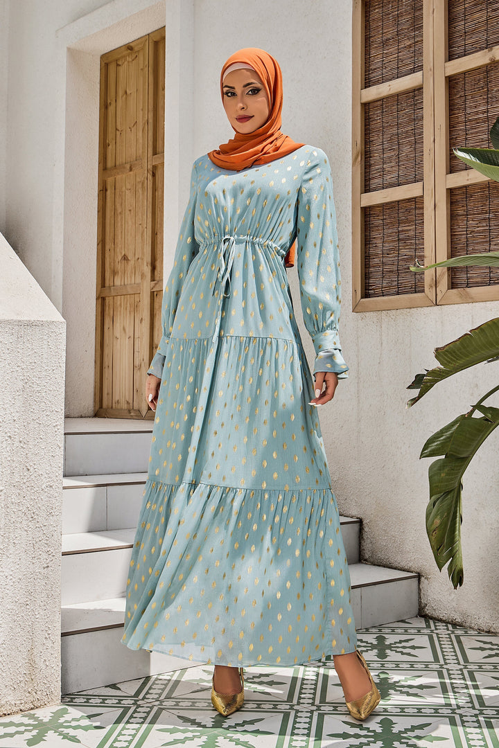 Urban Modesty - Teal Diamond Shimmer Tiered Drawstring Maxi Dress-CLEARANCE