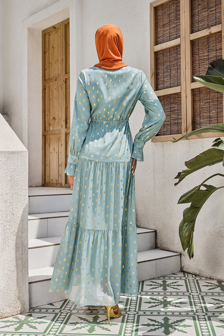 Urban Modesty - Teal Diamond Shimmer Tiered Drawstring Maxi Dress-CLEARANCE