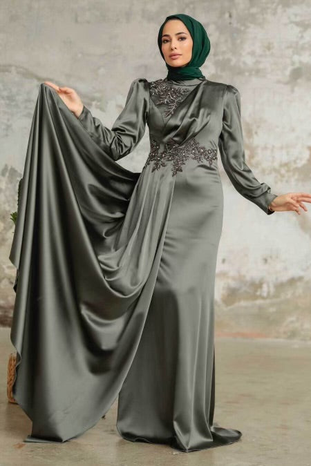 Urban Modesty - Viridian Green Puff Sleeves Side Draped Satin Gown - Clearance