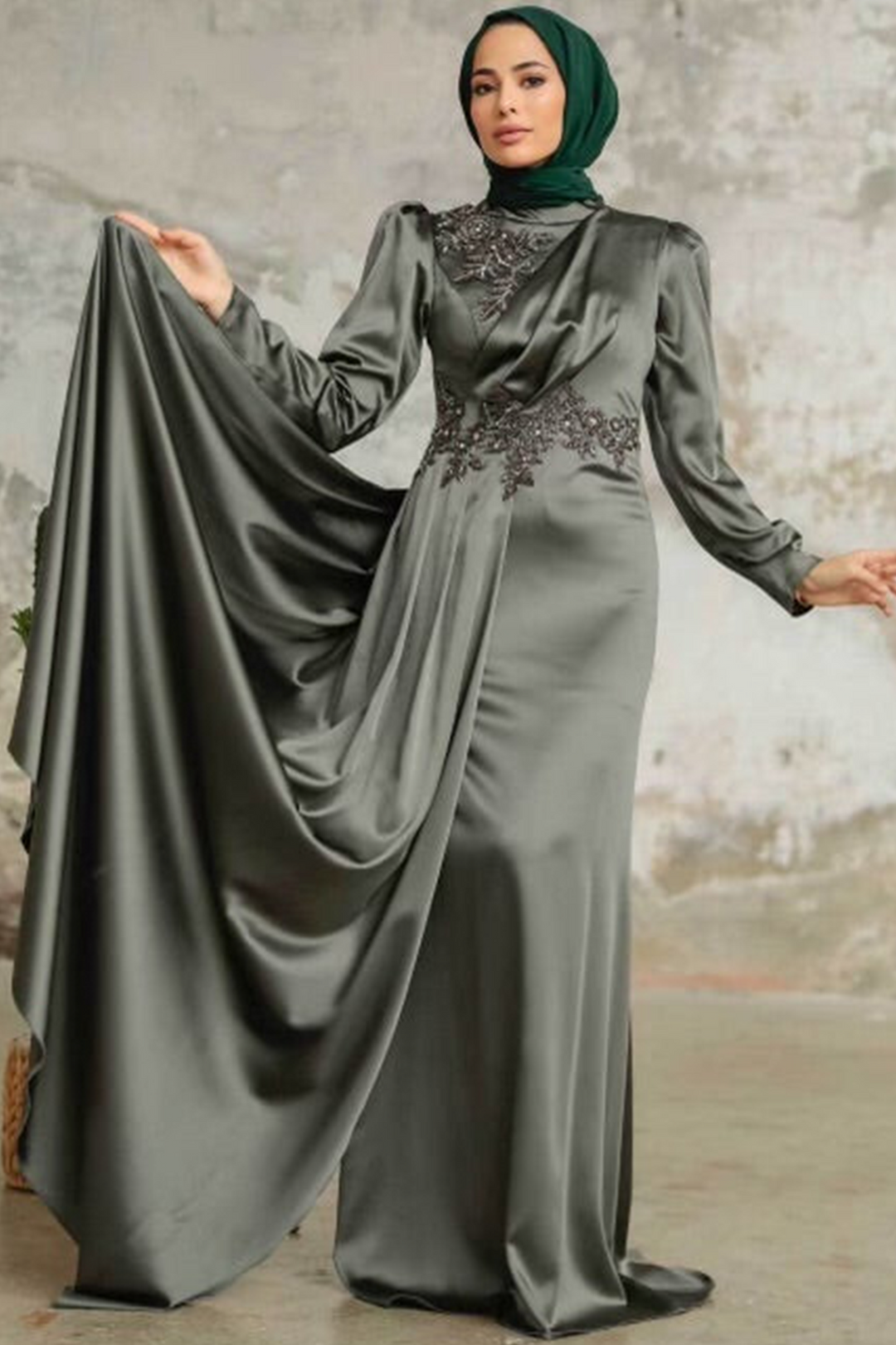 Urban Modesty - Viridian Green Puff Sleeves Side Draped Satin Gown - Clearance