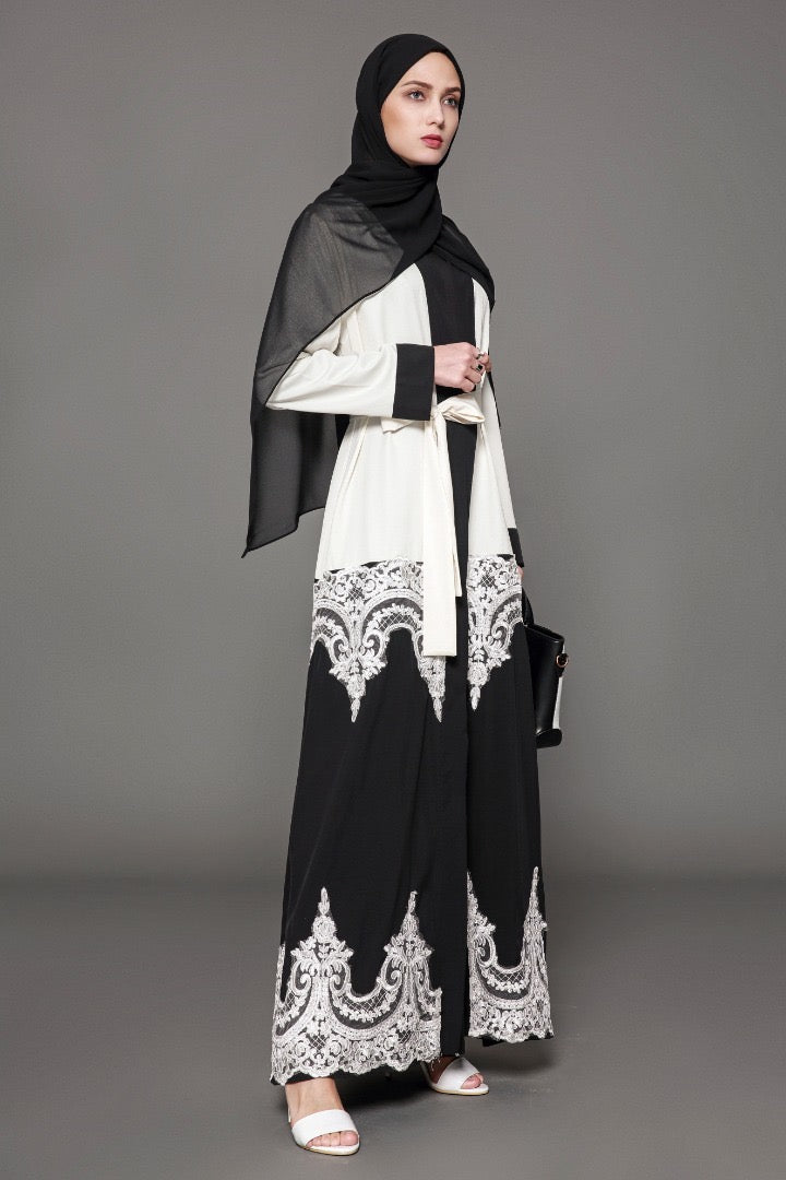 Urban Modesty - White and Black Colorblock Lace Open Front Abaya