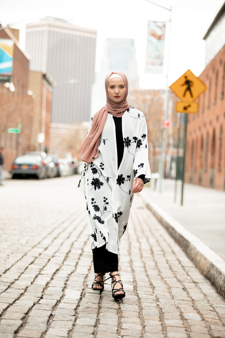 White and Black Embroidered Sheer Midi Cardigan