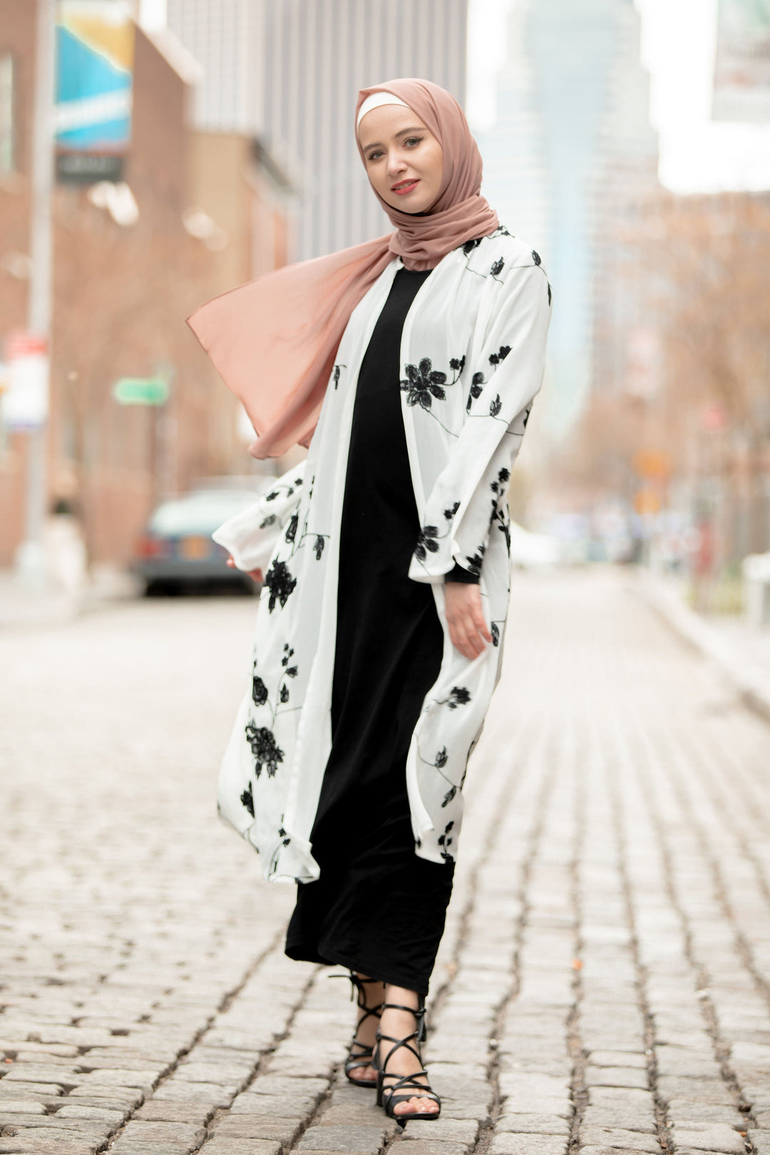 White and Black Embroidered Sheer Midi Cardigan