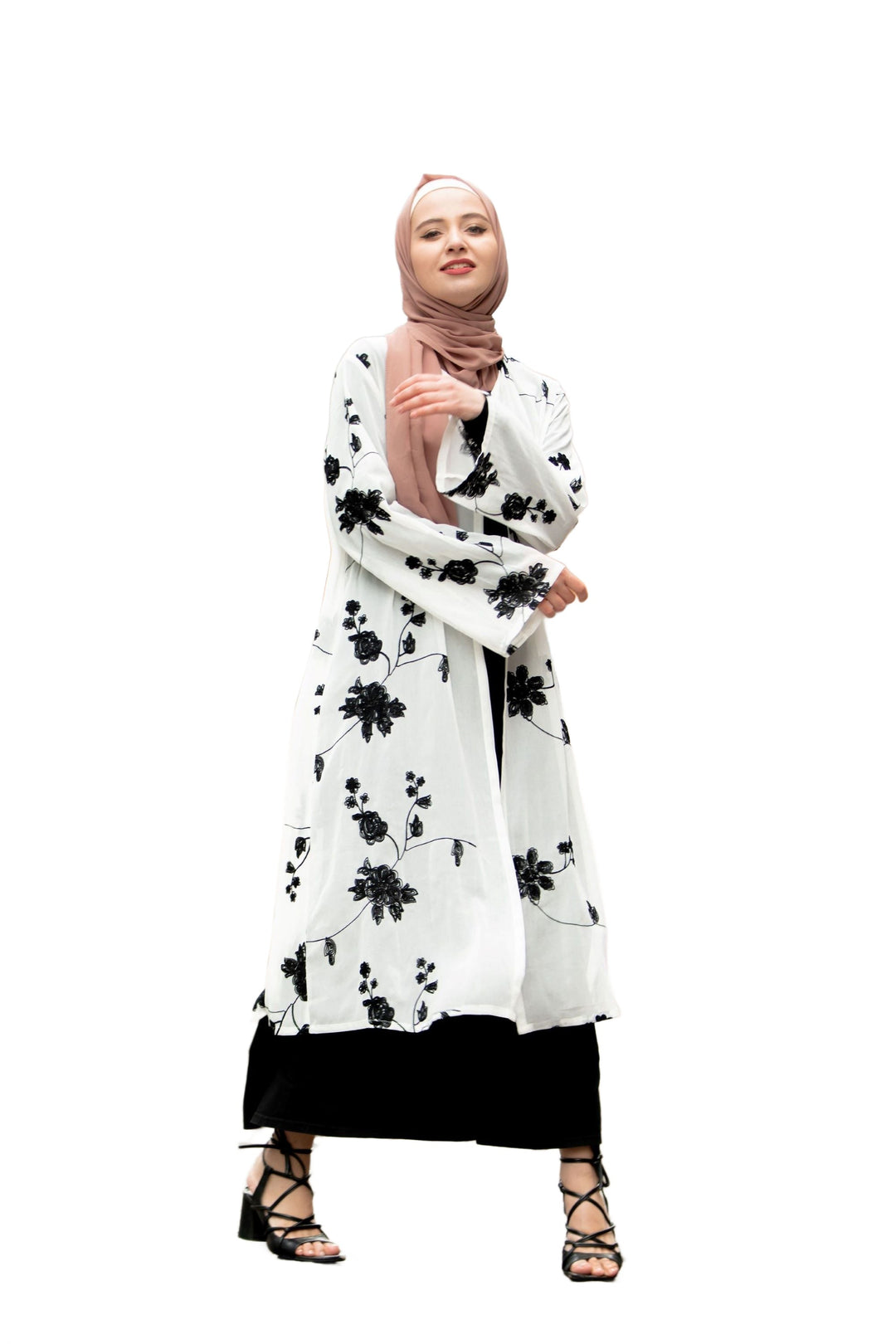 White and Black Embroidered Sheer Open Front Abaya
