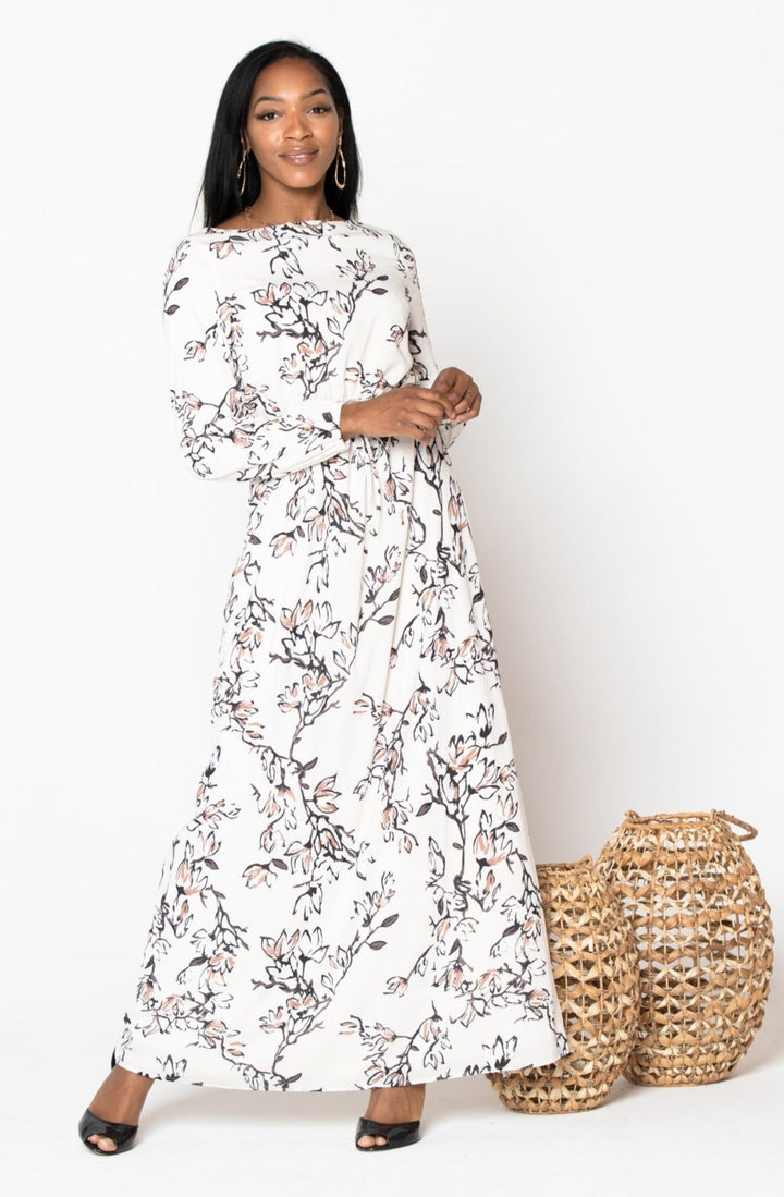 Urban Modesty - White Enchanted Floral Watercolor Drawstring Maxi Dress-CLEARANCE