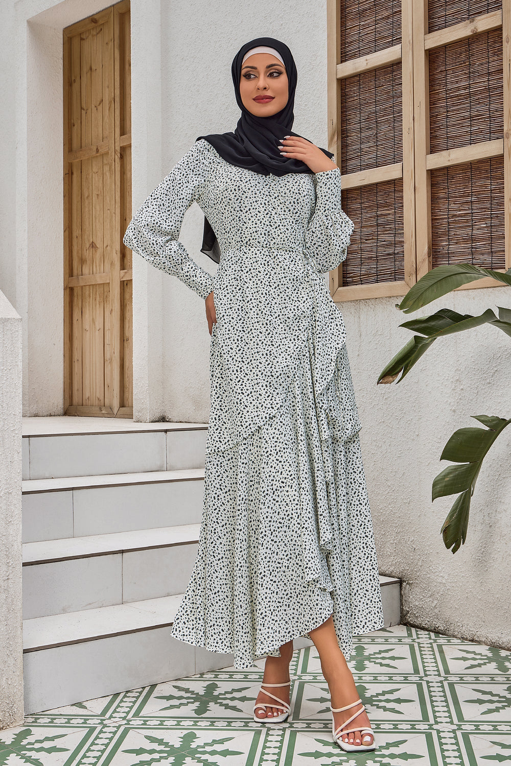 Urban Modesty - White Dotted Print Wrap Maxi Dress