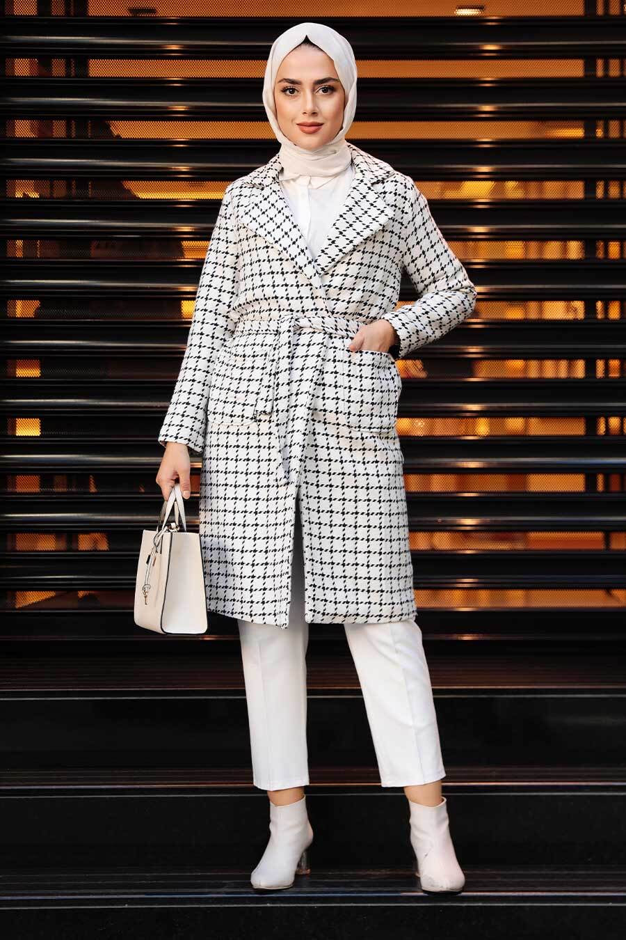 Urban Modesty - White Houndstooth Tie-Belt Modest Coat- Clearance