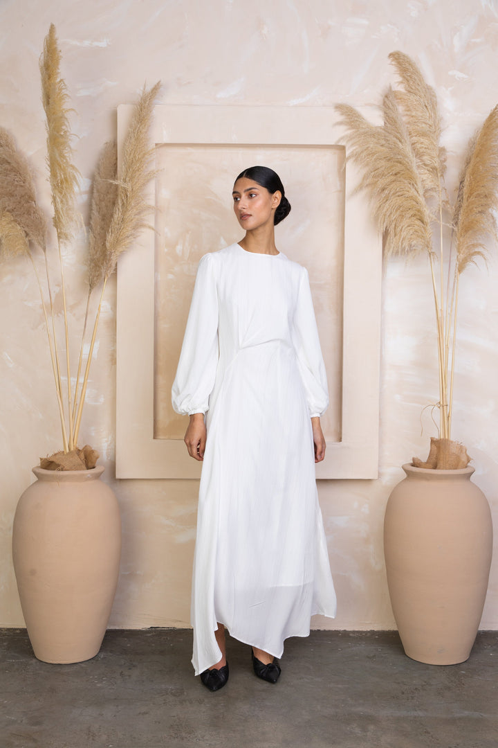 Urban Modesty - White Metallic Pinstripe Long Sleeve Maxi Dress
