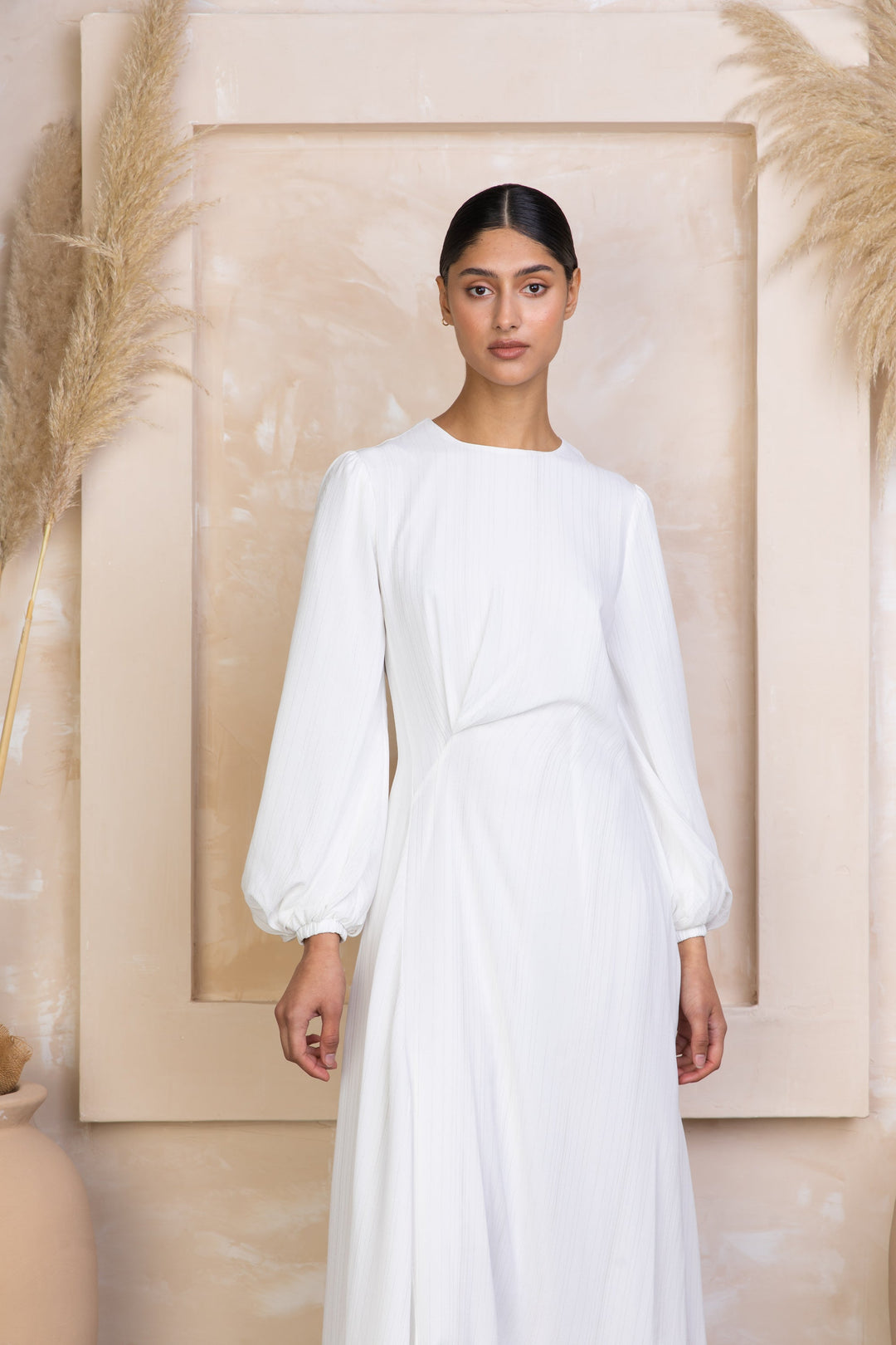 Urban Modesty - White Metallic Pinstripe Long Sleeve Maxi Dress