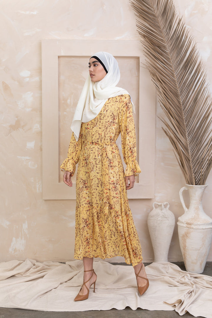 Urban Modesty - Yellow Bell Sleeves Floral Maxi Dress
