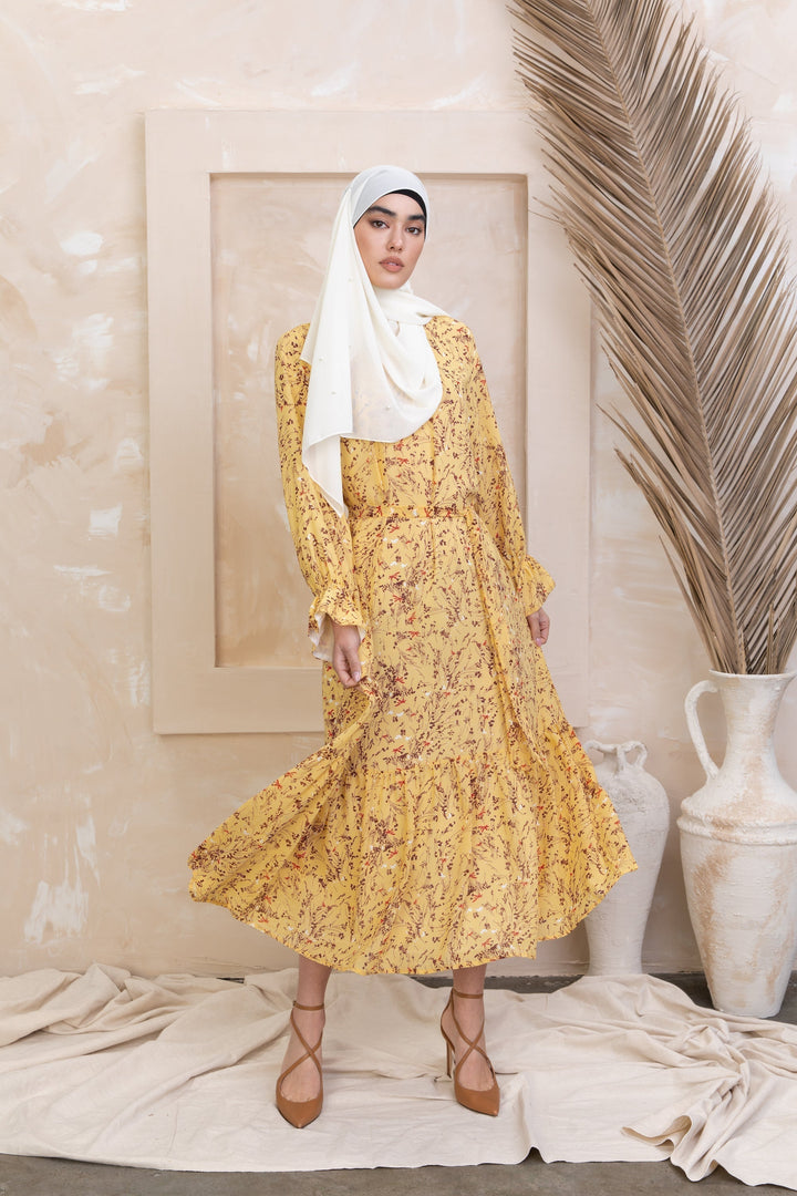 Urban Modesty - Yellow Bell Sleeves Floral Maxi Dress