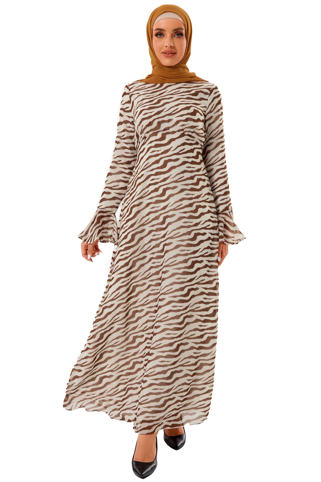 Urban Modesty - Zebra Print Chiffon Long Sleeve Maxi Dress (More Color Available)-CLEARANCE