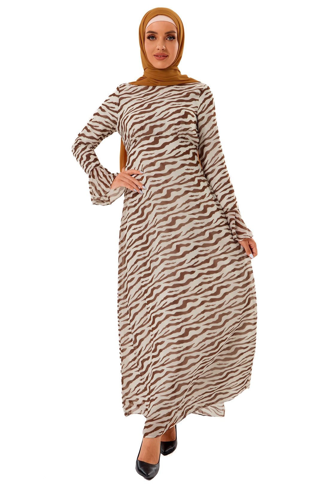 Urban Modesty - Zebra Print Chiffon Long Sleeve Maxi Dress (More Color Available)-CLEARANCE