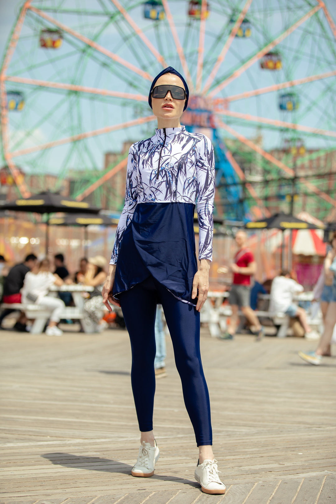 White and Navy Floral 3 Piece Modest Swimsuit