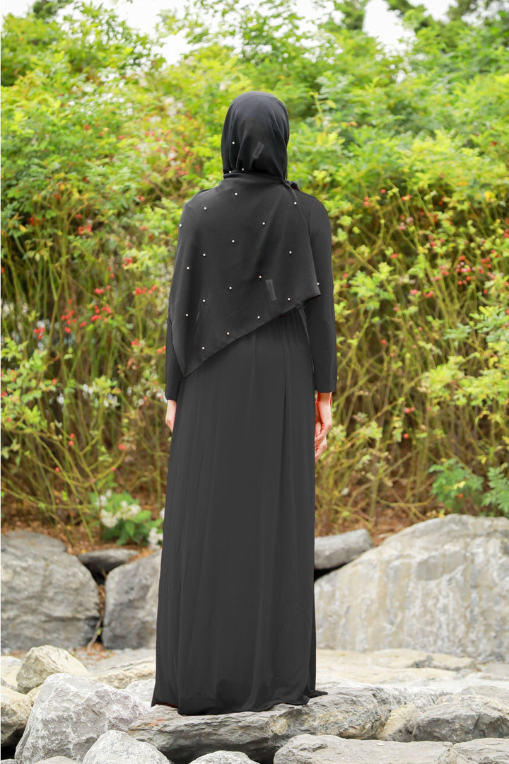 Black Wondrous Wrap Maxi Dress with beaded shawl and criss cross neckline in jersey fabric