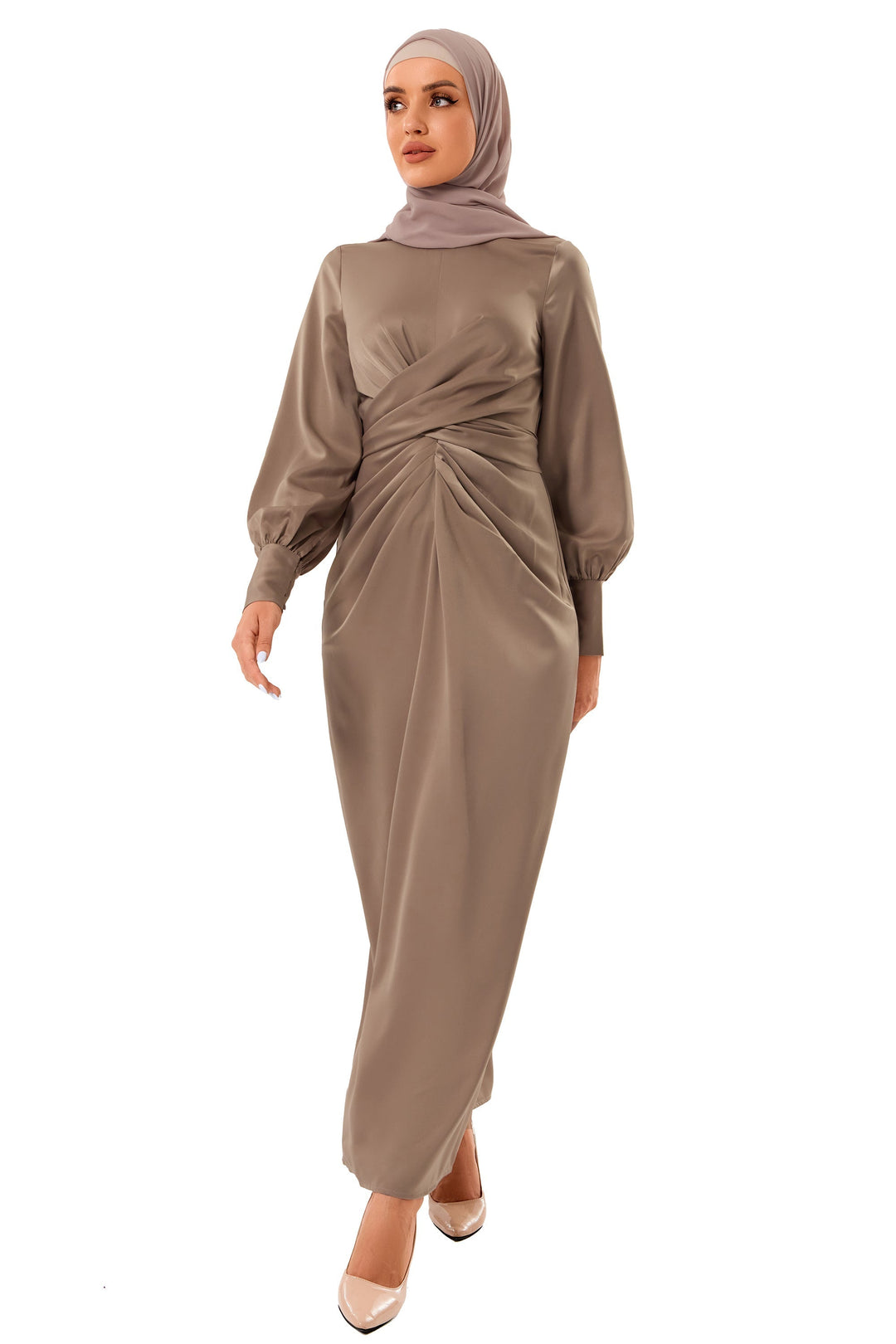 Taupe satin Zana Criss Cross Maxi Dress, perfect for modest fashion lovers