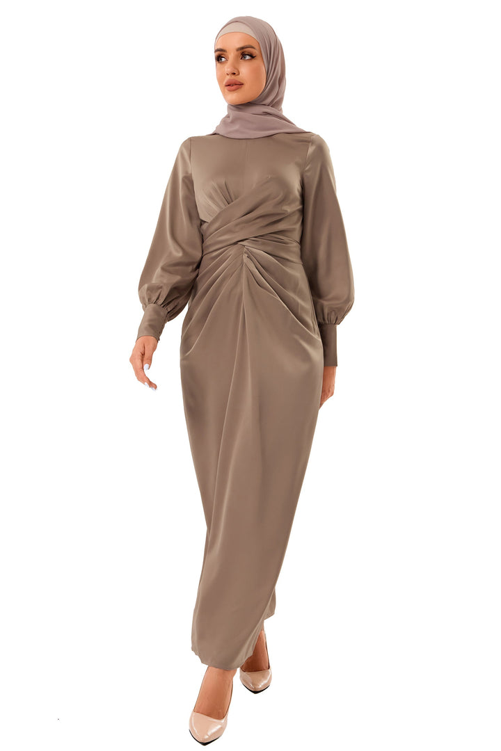 Taupe satin Zana Criss Cross Maxi Dress, perfect for modest fashion lovers