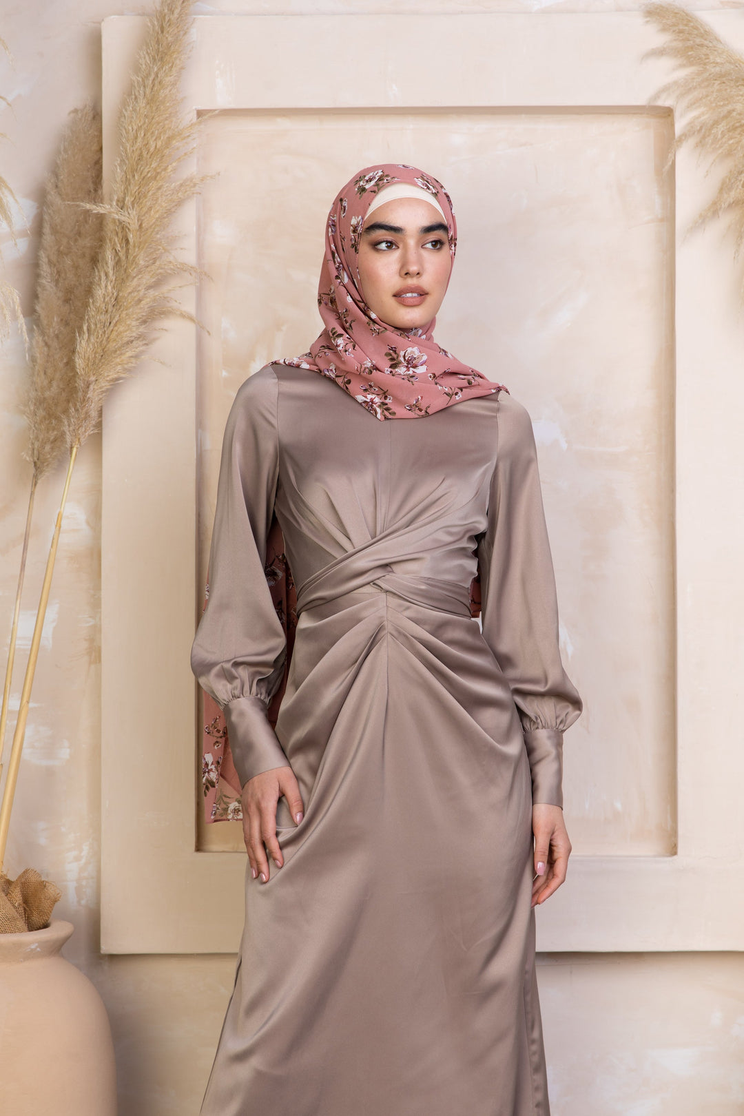 Elegant Zana Criss Cross Satin Maxi Dress paired with a floral hijab for stylish looks