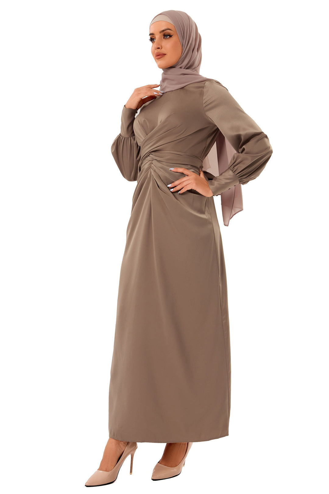 Taupe-colored Zana Criss Cross Satin Maxi Dress with hijab for modest fashion