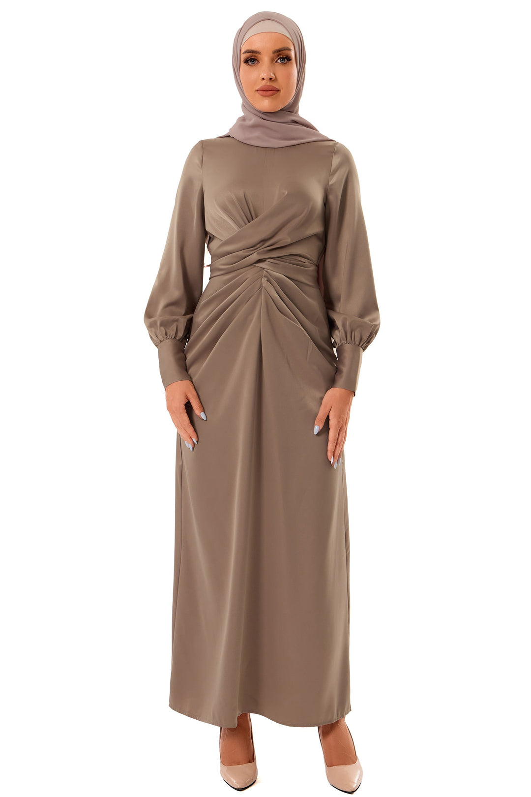 Taupe-colored Zana Criss Cross Satin Maxi Dress with hijab, perfect for modest fashion