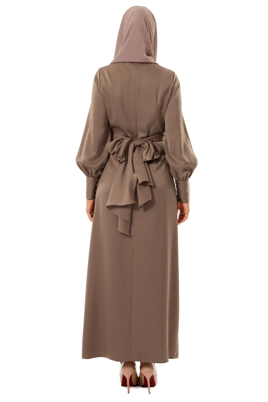 Taupe Zana Criss Cross Satin Maxi Dress paired with a stylish hijab for modest fashion