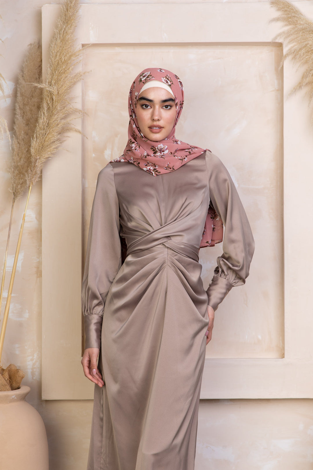 Satin-like Zana Criss Cross Maxi Dress with floral hijab for elegant styling