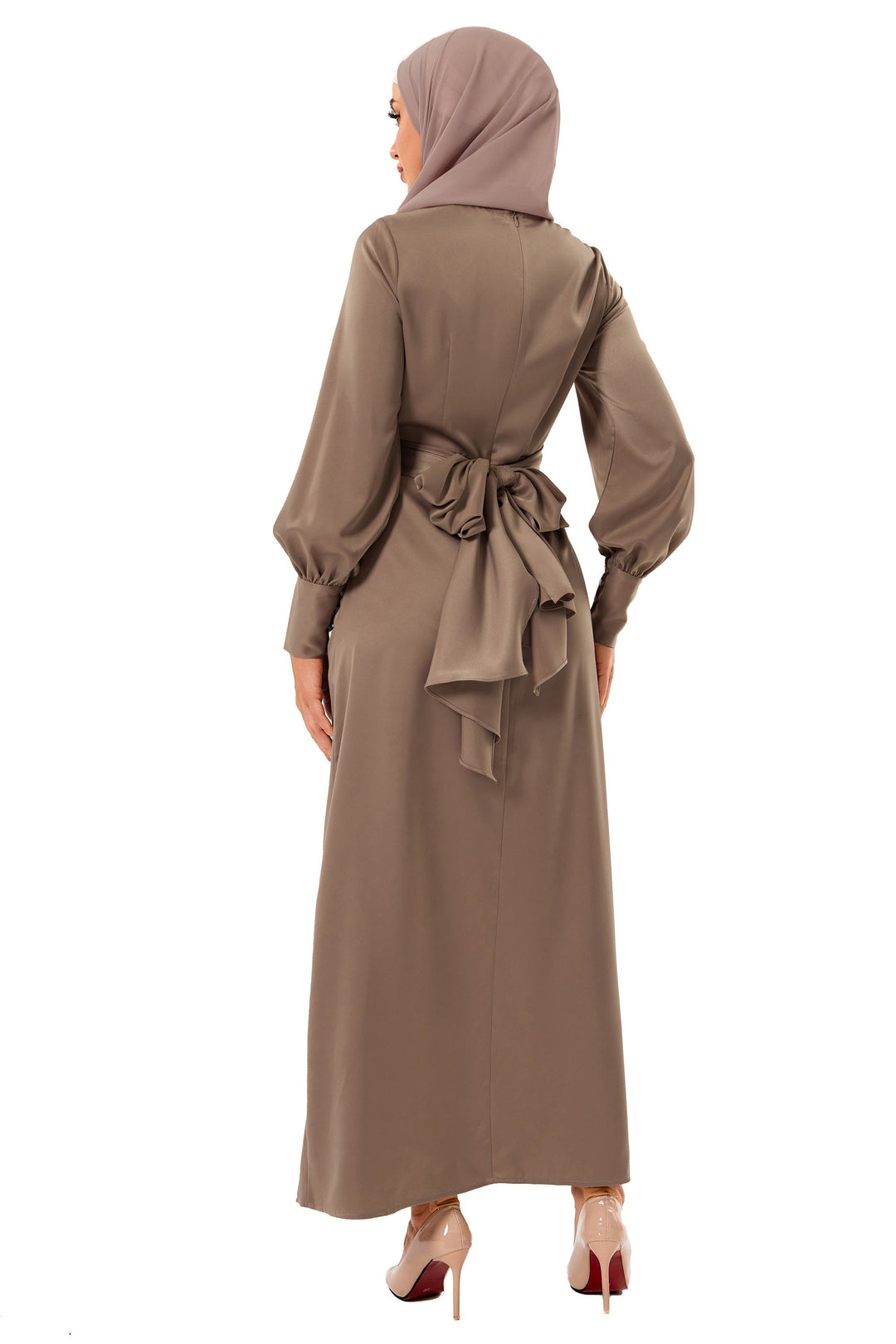 Taupe satin dress with hijab showcasing Zana Criss Cross Satin Maxi Dress style