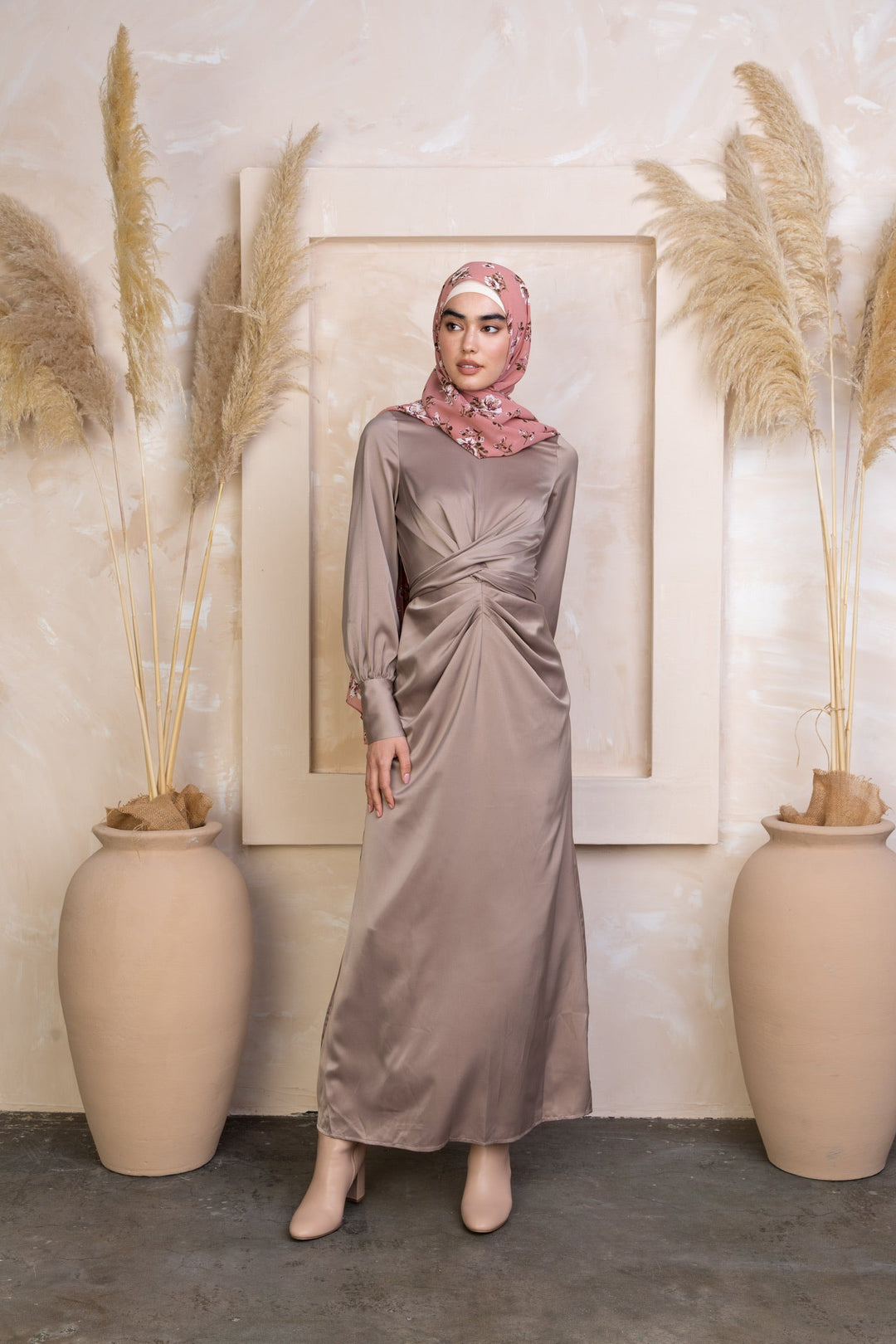 Taupe satin Zana Criss Cross Maxi Dress paired with a floral hijab for elegant style