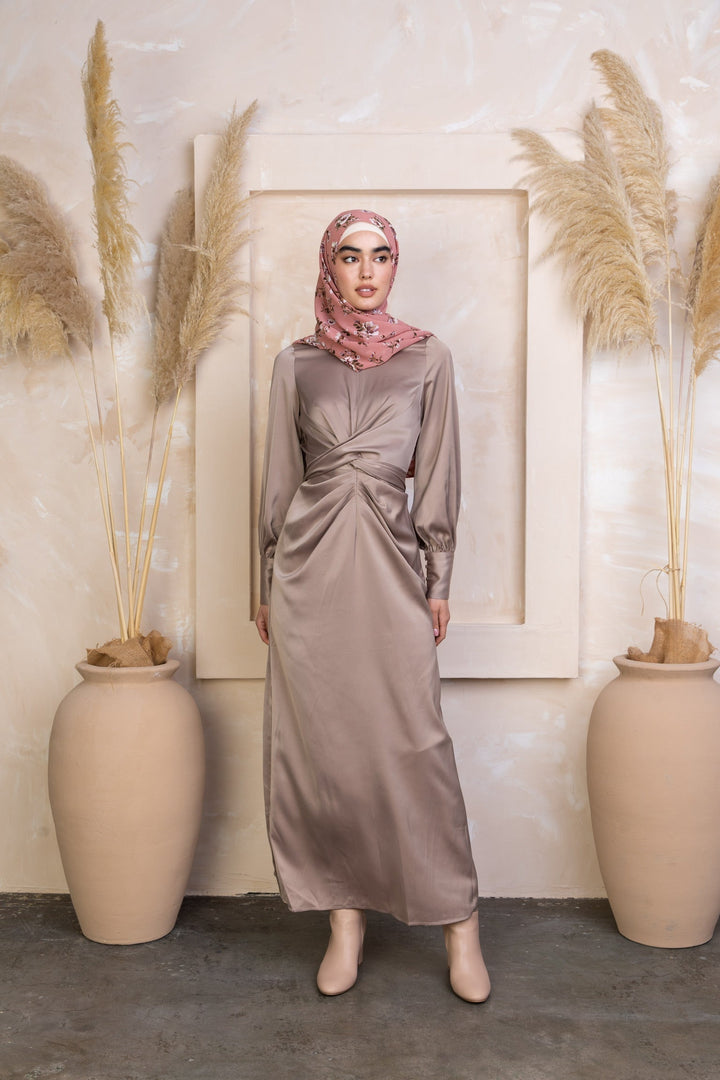 Elegant Zana Criss Cross Satin Maxi Dress with hijab in various available colors