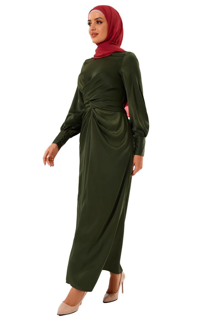 Olive green Zana Criss Cross Satin Maxi Dress with long sleeves and red hijab