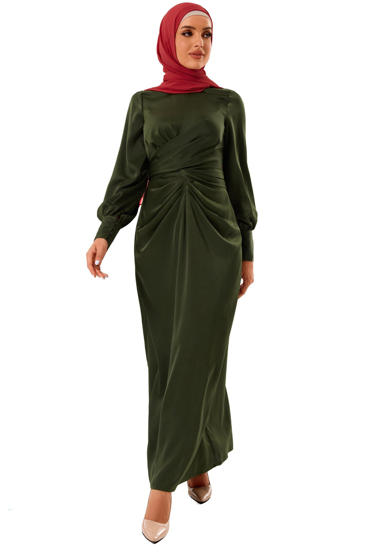 Olive green Zana Criss Cross Satin Maxi Dress paired with red hijab for stylish looks