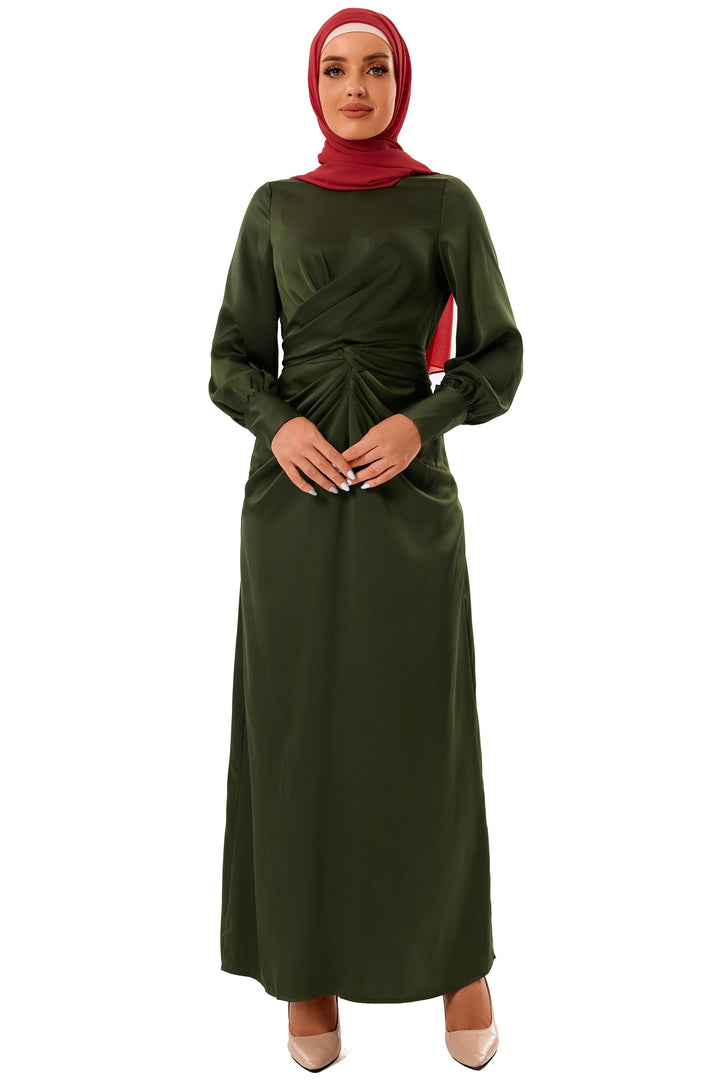 Olive green Zana Criss Cross Satin Maxi Dress with long sleeves and red hijab