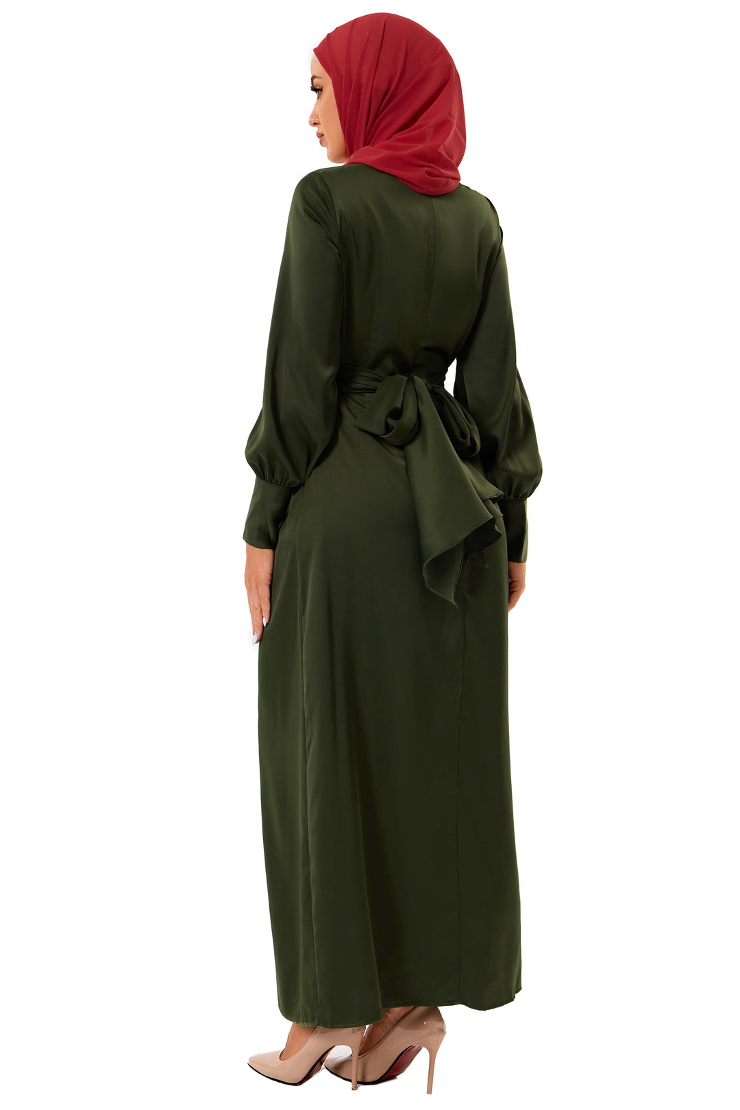 Olive green Zana Criss Cross Satin Maxi Dress with red hijab for stylish looks