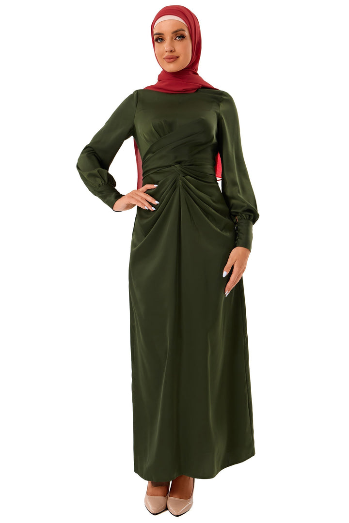 Olive green Zana Criss Cross Satin Maxi Dress styled with a red hijab