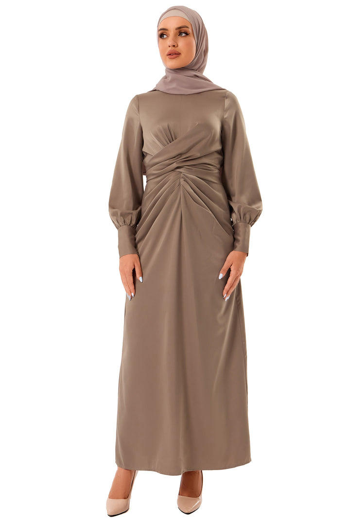 Taupe long-sleeved Zana Criss Cross Satin Maxi Dress with hijab, elegant modest attire