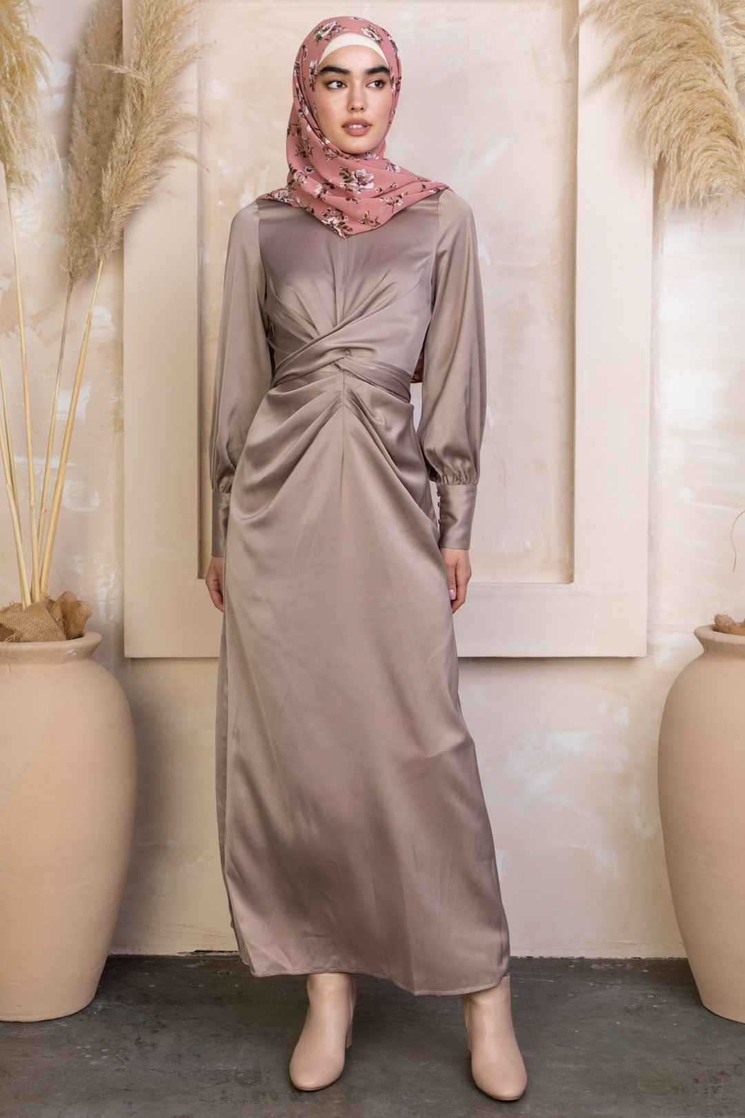 Elegant Satin Maxi Dress paired with a Floral Hijab from Zana Criss Cross Collection