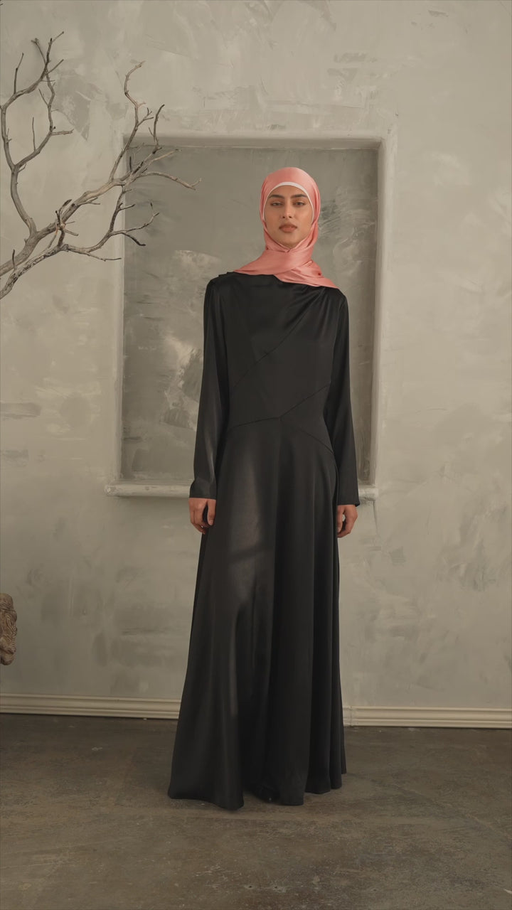 Urban Modesty - Black Satin Shoulder Cape Long Sleeve Gown-CLEARANCE