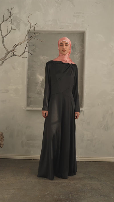 Black Satin Shoulder Cape Long Sleeve Gown