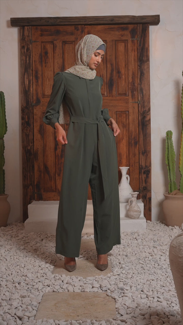 Olive Lattice Long Sleeve Jumpsuit