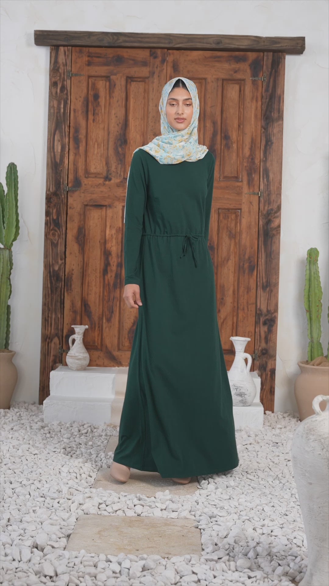 Green Drawstring Cotton Long Sleeve Maxi Dress